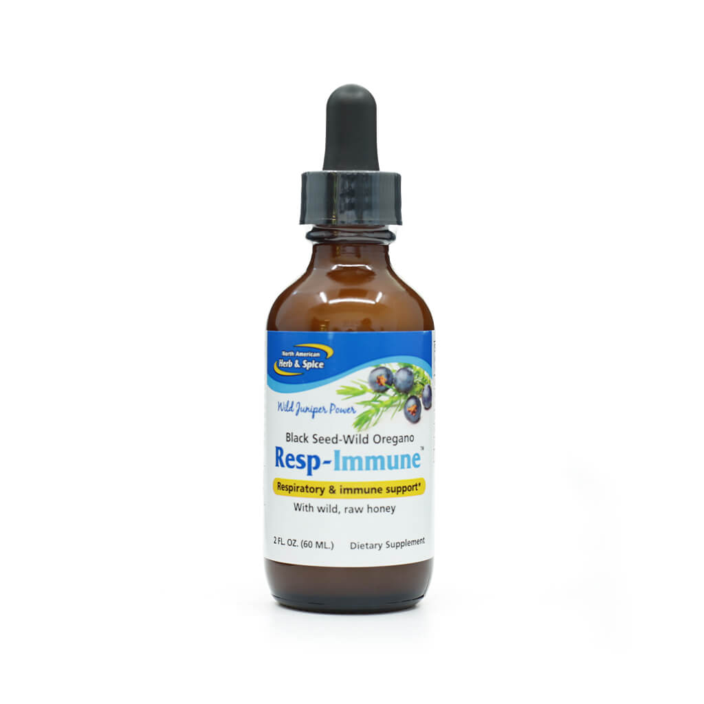 Smaller amber bottle of North American Herb & Spice Resp-Immune with dropper cap, labeled for respiratory and immune support. Contains black seed, wild oregano, and raw honey with “Wild Juniper Power” branding. Bottle holds 2 fl oz (60 mL); dietary supplement.