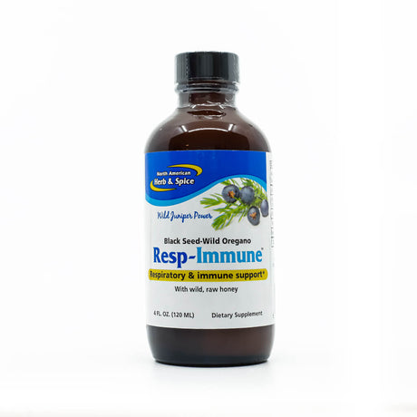 Brown glass bottle of North American Herb & Spice Resp-Immune, featuring a blue and white label with images of juniper berries and herbs. Highlights include black seed, wild oregano, and wild raw honey for respiratory and immune support. Contains 4 fl oz (120 mL); dietary supplement.