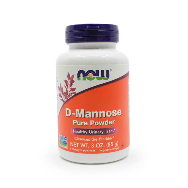 White bottle with a dark purple cap labeled “NOW D-Mannose Pure Powder” on an orange and red label. Highlights include “Healthy Urinary Tract*,” “Cleanses the Bladder*,” and “Net Wt. 3 oz. (85 g).” Also marked with Non-GMO and Vegan/Vegetarian icons.
