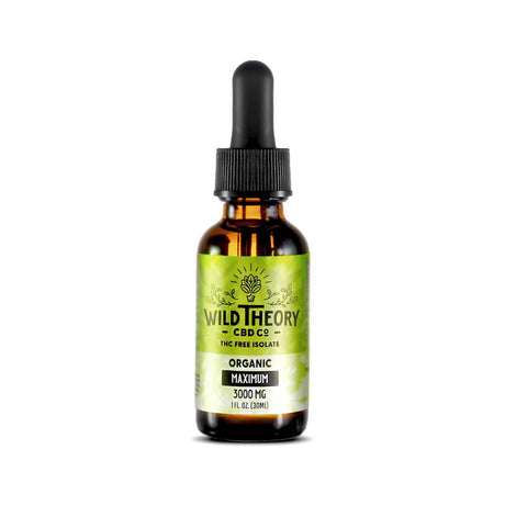 Amber glass dropper bottle of Wild Theory CBD Co. Organic Maximum 3000 mg CBD oil isolate, labeled as THC-free. The label is green with black and white text and features a plant illustration above the brand name.