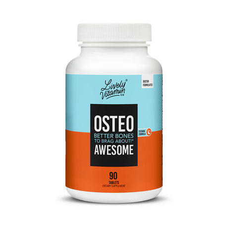 Lively Vitamin Co. Osteo Awesome capsules, featuring a detailed product description on the back about promoting bone strength and density. The product supports immunity, with 30 servings per container.