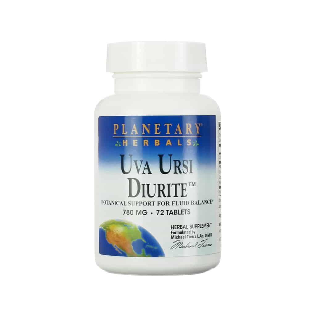 A white bottle of Planetary Herbals Uva Ursi Diurite, labeled as a botanical supplement for fluid balance. The front label states "780 mg • 72 tablets" and features a blue and white gradient background with an image of Earth near the bottom. The product is formulated by Michael Tierra, L.Ac., O.M.D.