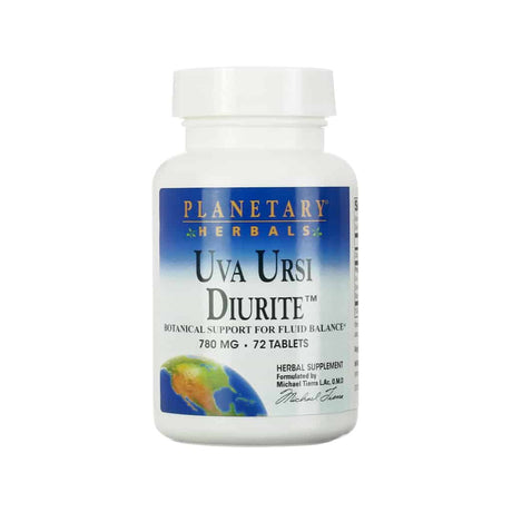 A white bottle of Planetary Herbals Uva Ursi Diurite, labeled as a botanical supplement for fluid balance. The front label states "780 mg • 72 tablets" and features a blue and white gradient background with an image of Earth near the bottom. The product is formulated by Michael Tierra, L.Ac., O.M.D.