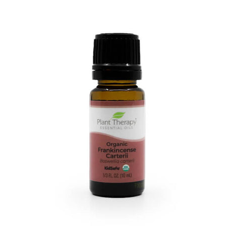 A 10mL amber glass bottle of Plant Therapy Organic Frankincense Carteri Essential Oil with a black cap. The label is white and reddish-brown, featuring the Plant Therapy logo, the product name, and the botanical name Boswellia carterii. It also includes the "KidSafe" label and USDA organic certification.