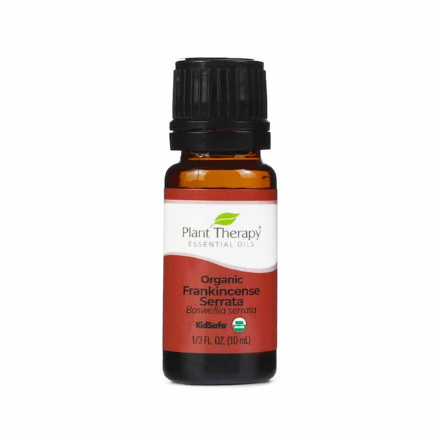 A 10mL amber glass bottle of Plant Therapy Organic Frankincense Serrata Essential Oil with a black cap. The label is white and red, displaying the Plant Therapy logo, the product name, and botanical name Boswellia serrata. It also includes "KidSafe" and the USDA organic certification badge.