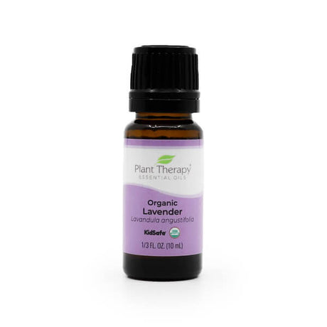 A 10ml amber glass bottle of Plant Therapy Organic Lavender Essential Oil with a black cap. The purple and white label displays "Organic Lavender," "Lavandula angustifolia," "KidSafe," and USDA Organic certification.