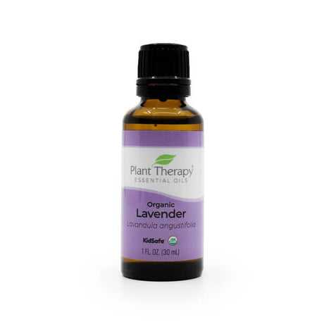 A 30ml amber glass bottle of Plant Therapy Organic Lavender Essential Oil with a black cap. The label is purple and white, displaying the brand name, "Organic Lavender," and "Lavandula angustifolia." It is marked "KidSafe" and USDA Organic certified.