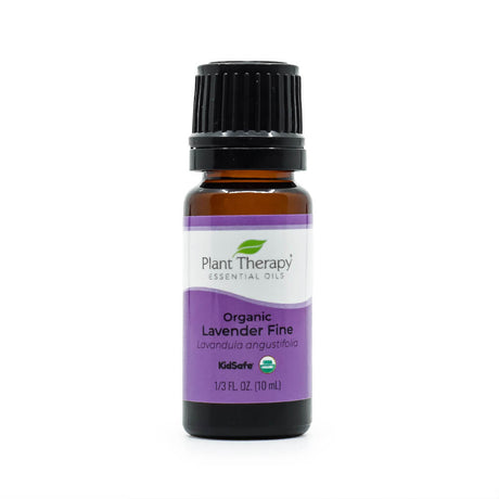 A 10ml amber glass bottle of Plant Therapy Organic Lavender Fine Essential Oil with a black cap. The label is purple and white, featuring the brand name, "Organic Lavender Fine," "Lavandula angustifolia," and certifications for "KidSafe" and USDA Organic.