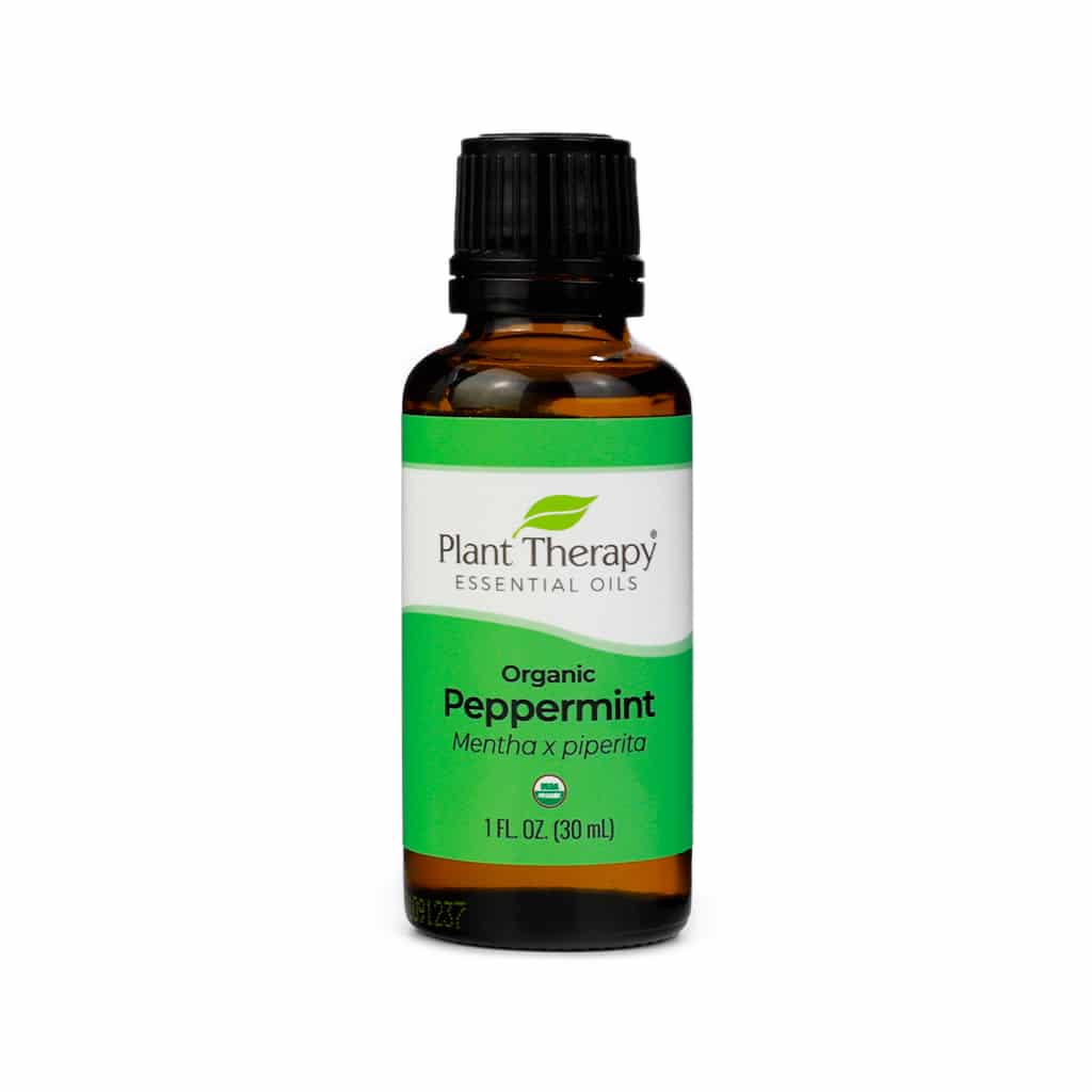 Plant Therapy Organic Peppermint Essential Oil, 30 mL bottle. The amber glass bottle has a black cap and a green and white label with the USDA Organic seal. This essential oil, derived from Mentha x piperita, is known for its refreshing and invigorating aroma.