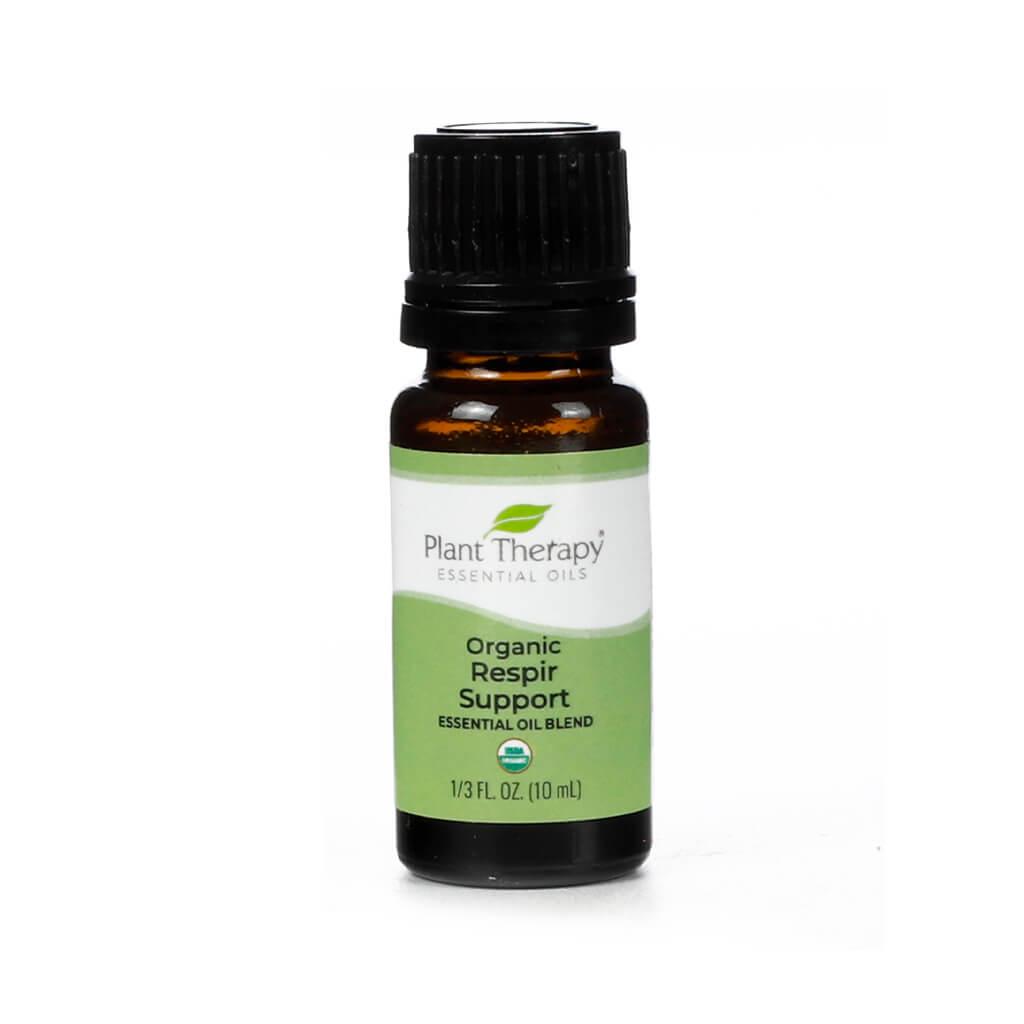 Plant Therapy Organic Respir Support Essential Oil Blend, 10 mL bottle. The amber glass bottle has a black cap and a green and white label featuring the USDA Organic seal. This blend is designed to promote clear breathing with a refreshing, minty aroma.