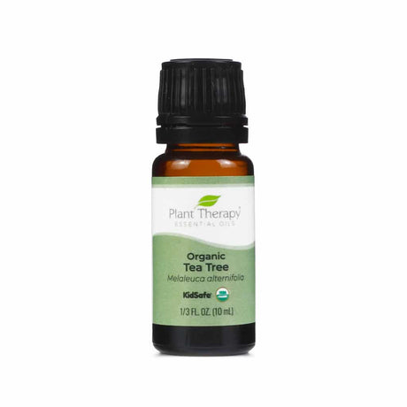 Plant Therapy Organic Tea Tree Essential Oil, 10 mL bottle. The amber glass bottle has a black cap and a white and green label featuring the USDA Organic seal and "KidSafe" certification. Known for its purifying and cleansing properties, tea tree oil is widely used for skin and home care.