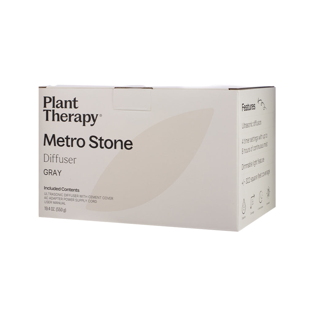 Plant Therapy Metro Stone Diffuser Box, product packaging featuring branded imagery, product description, and compact eco-conscious box design.