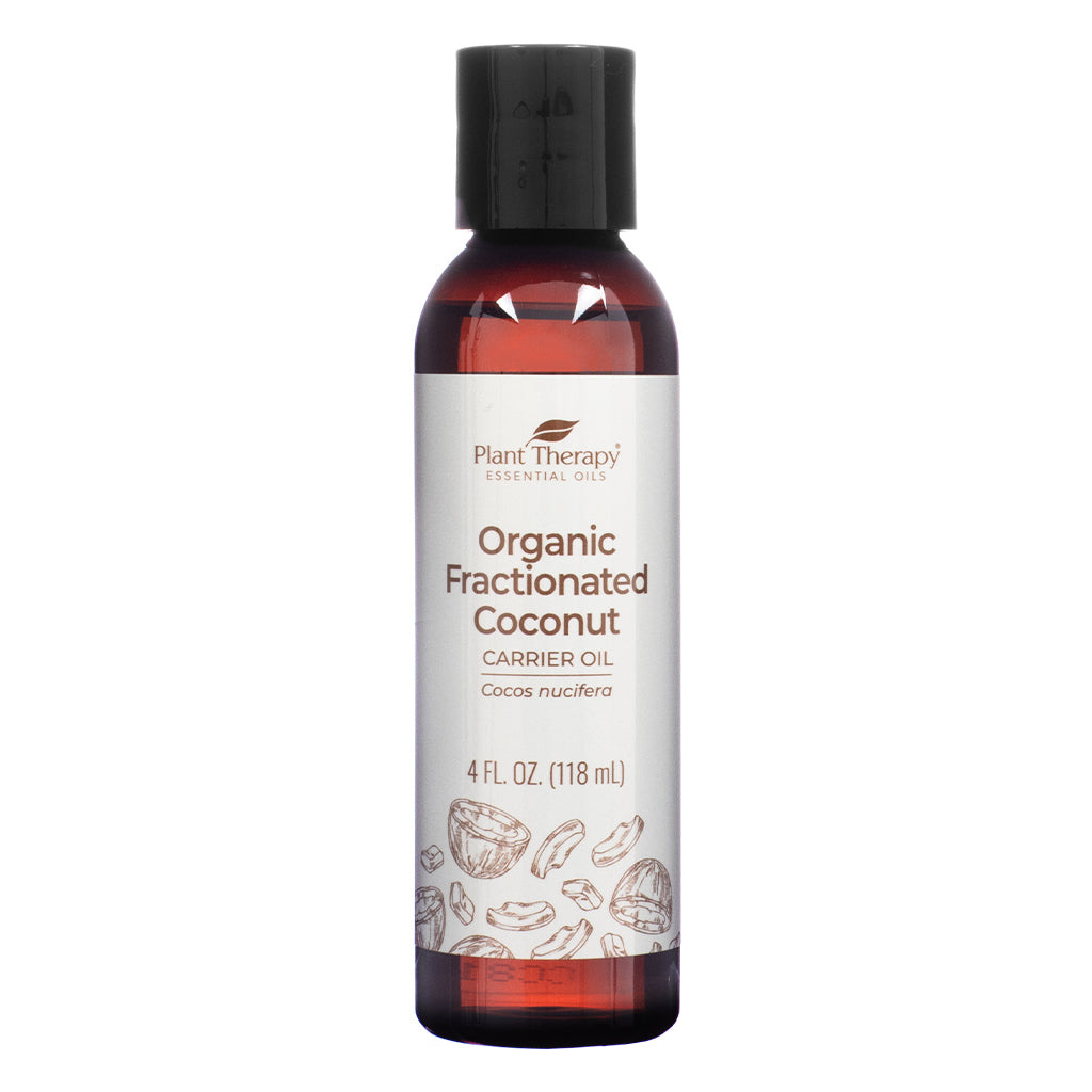Bottle of Plant Therapy Organic Fractionated Coconut Carrier Oil with a simple, clean front label showing coconut illustrations and product name. The bottle holds 4 fl oz (118 ml) of Cocos nucifera oil, labeled for use as a carrier oil or aromatherapy ingredient.