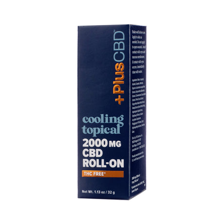 PlusCBD CBD Roll On 2000mg Cooling Topical, front label showcasing high-strength CBD formula with menthol for targeted relief in a roll-on applicator.