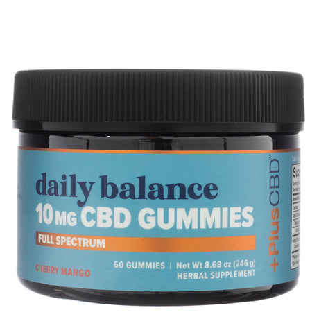 A black plastic jar of PlusCBD Daily Balance 10mg CBD Gummies, displaying the front label with product branding. The label highlights full-spectrum hemp extract, cherry mango flavor, and a CBD potency of 10mg per gummy. The jar contains 60 gummies, labeled as a herbal supplement, with a net weight of 8.68 oz (246g).
