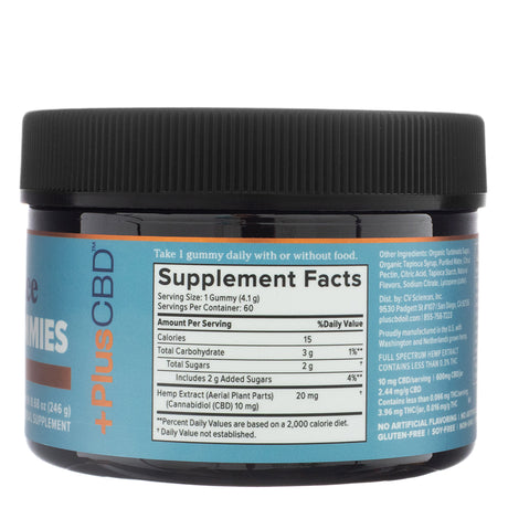 The back of a PlusCBD Daily Balance 10mg CBD Gummies jar, displaying the supplement facts label. The label lists 10mg CBD per gummy, 20mg total hemp extract, and caloric and sugar content per serving. Additional ingredients include organic turbinado sugar, organic tapioca syrup, citrus pectin, and lycopene for color.