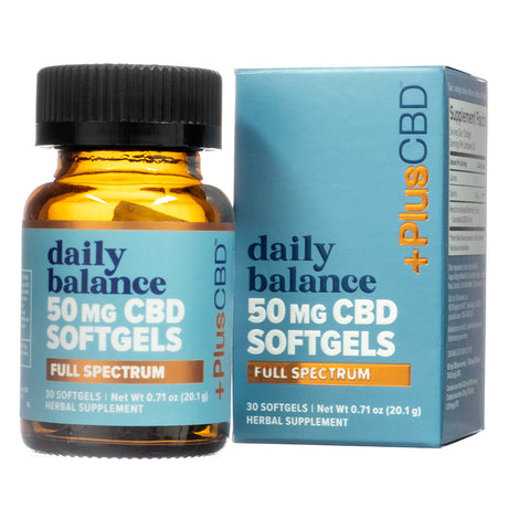 Product shot of PlusCBD Daily Balance 50 mg CBD Softgels Full Spectrum showing a 30-softgel amber bottle and outer box with clear labeling of dosage, formula, and supplement type.