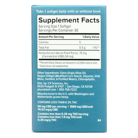 Supplement Facts panel of PlusCBD Daily Balance 50 mg CBD Softgels Full Spectrum, listing serving size, ingredients, and cannabinoid content per softgel.