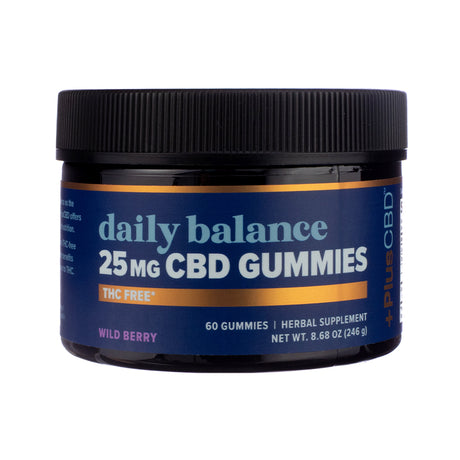 PlusCBD Daily Balance Gummies - Wild Berry 60 Gummies, front label with fruity branding, emphasizing daily CBD balance in a naturally flavored gummy form.