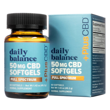 Front view of PlusCBD Daily Balance Softgels 50mg Full Spectrum, showing amber bottle and outer box with blue label design and product details.