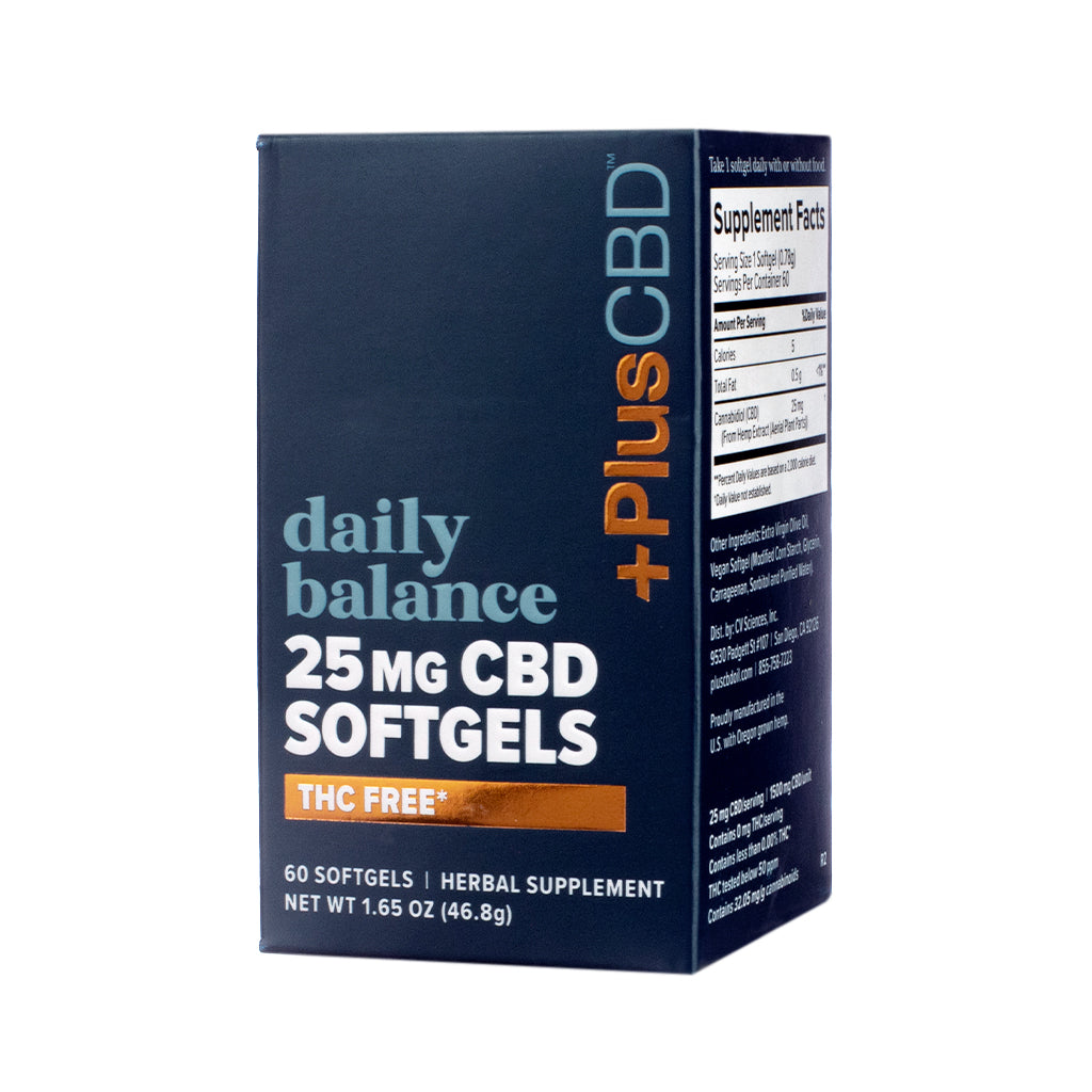PlusCBD Daily Balance THC Free Softgels 25mg - 60 Softgels, front label displaying THC-free daily CBD softgel support with 25mg per capsule.
