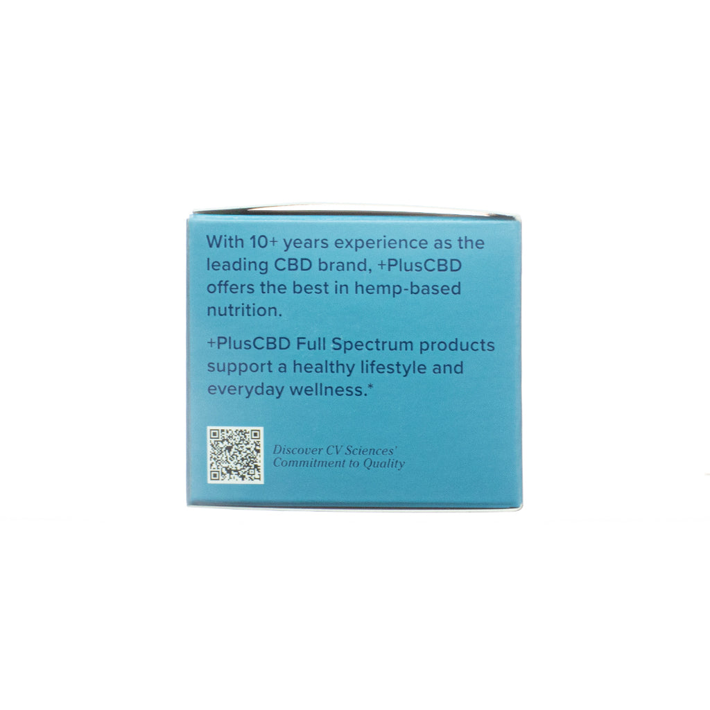 Back of the +PlusCBD Daily Topical 100mg CBD Balm Full Spectrum 1.3 oz box highlighting brand quality assurance and commitment to hemp-based wellness.