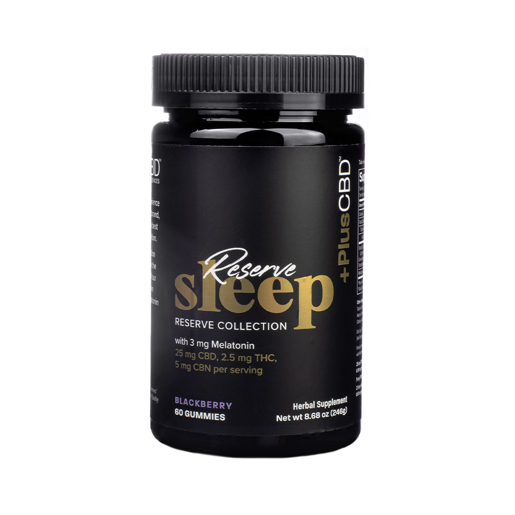 Larger black bottle of PlusCBD Reserve Sleep Blackberry Gummies, 60 count. Labeled with 3 mg melatonin, 25 mg CBD, 2.5 mg THC, and 5 mg CBN per serving from the Reserve Collection.