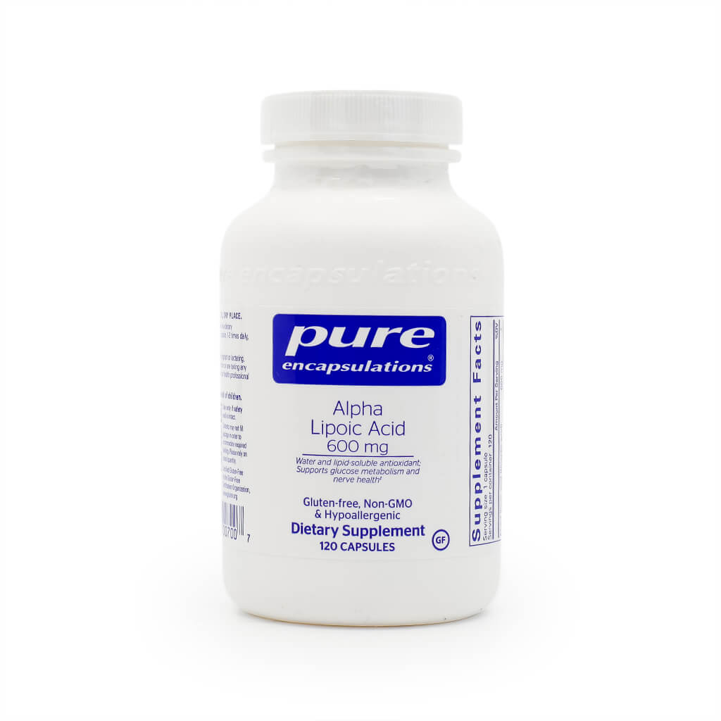 White bottle of Pure Encapsulations Alpha Lipoic Acid, a dietary supplement with 600 mg per serving and 120 capsules. The label highlights it as a water- and lipid-soluble antioxidant that supports glucose metabolism and nerve health, and is gluten-free, non-GMO, and hypoallergenic.