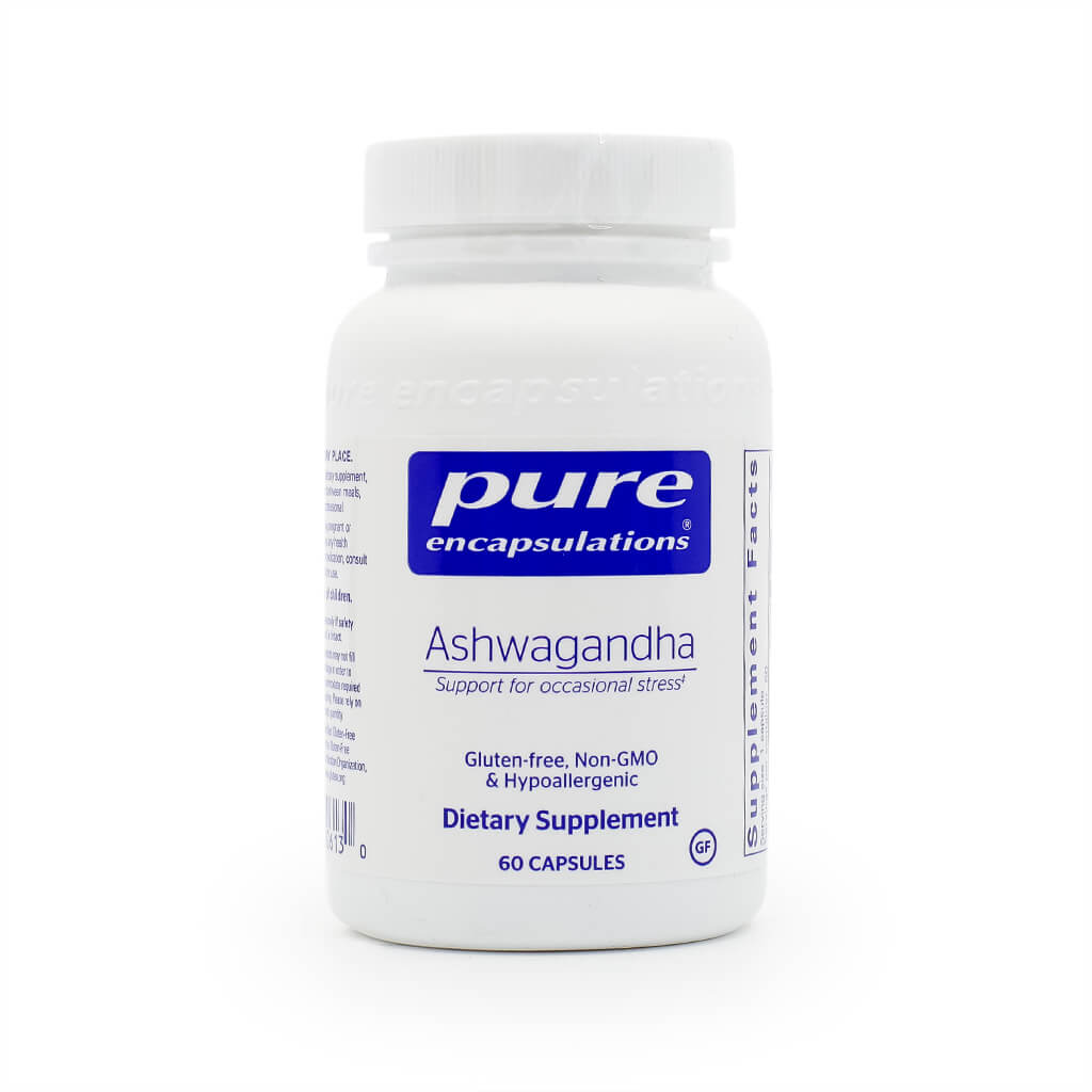 White bottle of Pure Encapsulations Ashwagandha dietary supplement containing 60 capsules. The label notes it's gluten-free, non-GMO, hypoallergenic, and supports occasional stress.