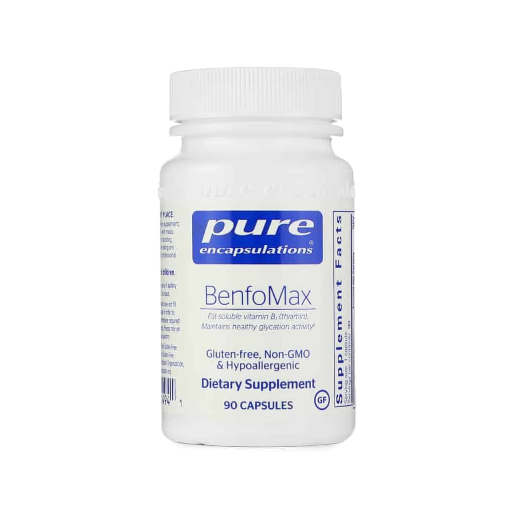 White bottle of Pure Encapsulations BenfoMax, labeled as a fat-soluble vitamin B1 (thiamin) supplement that supports healthy glycation activity. The product is gluten-free, non-GMO, hypoallergenic, and contains 90 capsules.