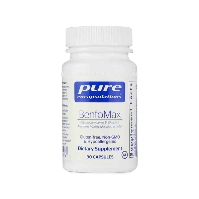 White bottle of Pure Encapsulations BenfoMax, labeled as a fat-soluble vitamin B1 (thiamin) supplement that supports healthy glycation activity. The product is gluten-free, non-GMO, hypoallergenic, and contains 90 capsules.