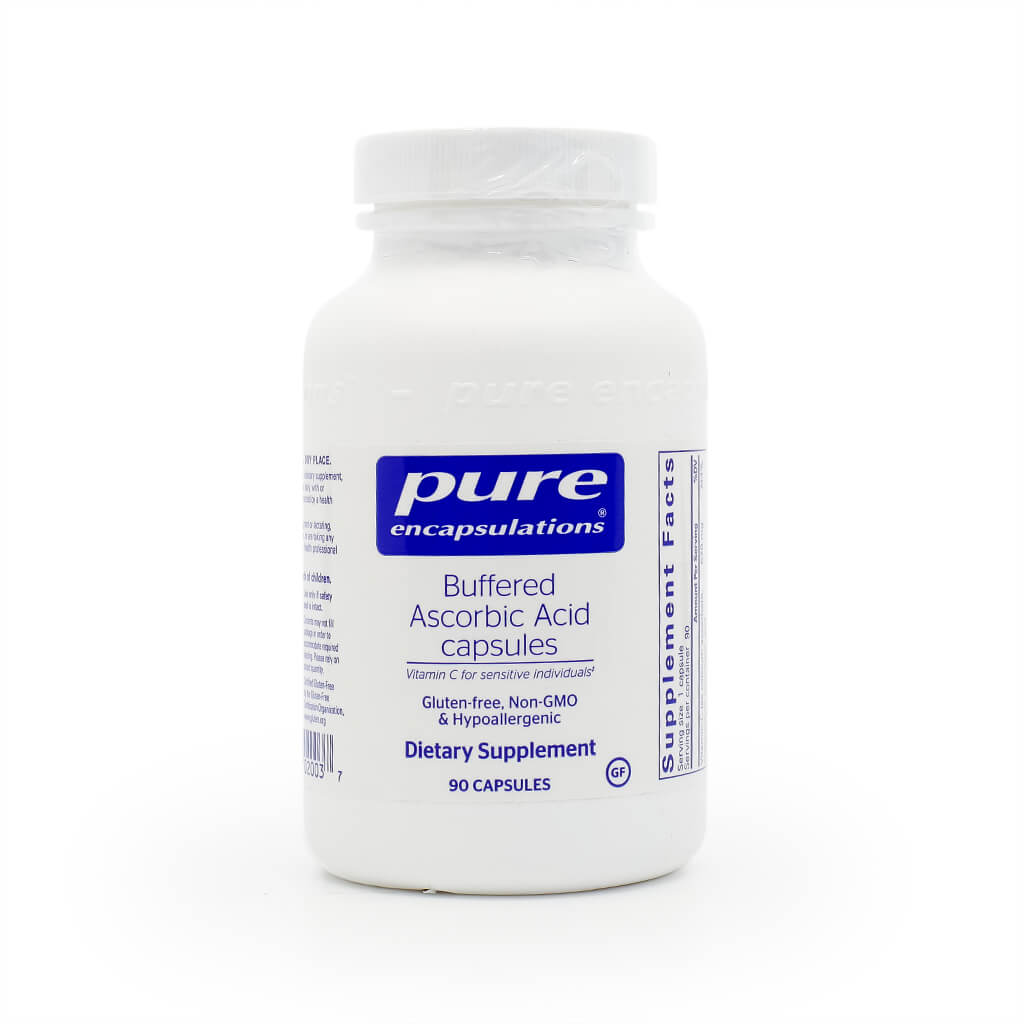 White bottle of Pure Encapsulations Buffered Ascorbic Acid Capsules, containing 90 capsules. The label notes it's a dietary supplement providing Vitamin C for sensitive individuals, and is gluten-free, non-GMO, and hypoallergenic.