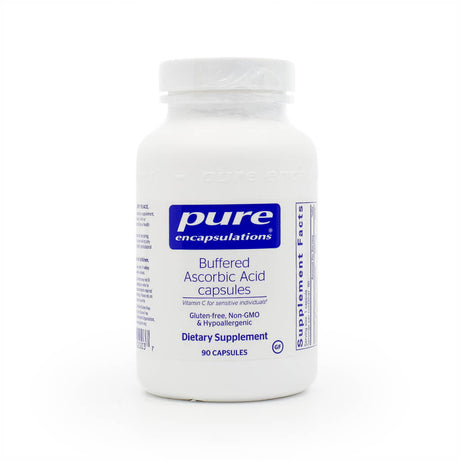 White bottle of Pure Encapsulations Buffered Ascorbic Acid Capsules, containing 90 capsules. The label notes it's a dietary supplement providing Vitamin C for sensitive individuals, and is gluten-free, non-GMO, and hypoallergenic.