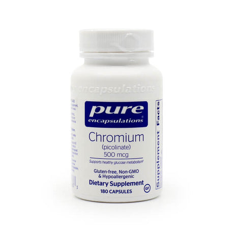 White bottle of Pure Encapsulations Chromium (picolinate) dietary supplement, 500 mcg, containing 180 capsules. The label highlights benefits like “Supports healthy glucose metabolism” and notes it is gluten-free, non-GMO, and hypoallergenic.