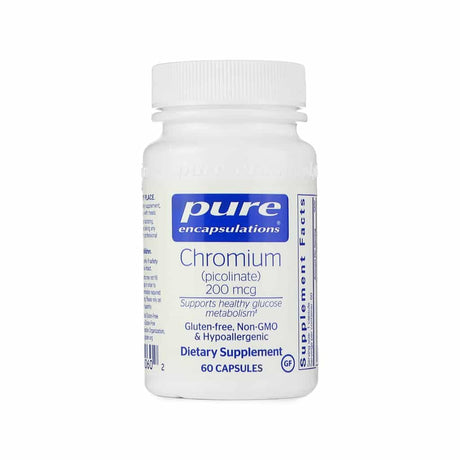Pure Encapsulations Chromium (picolinate) supplement bottle with 200 mcg strength and 60 capsules. The label emphasizes glucose metabolism support and lists the formula as gluten-free, non-GMO, and hypoallergenic.