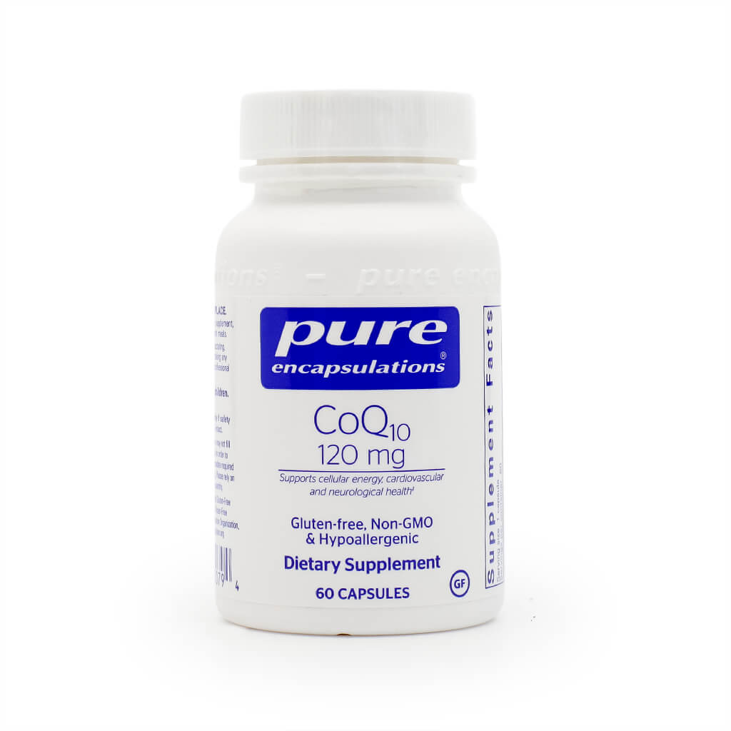 White bottle of Pure Encapsulations CoQ10 dietary supplement with a blue and white label, containing 60 capsules at 120 mg each. Designed to support cellular energy, cardiovascular, and neurological health; labeled gluten-free, non-GMO, and hypoallergenic.