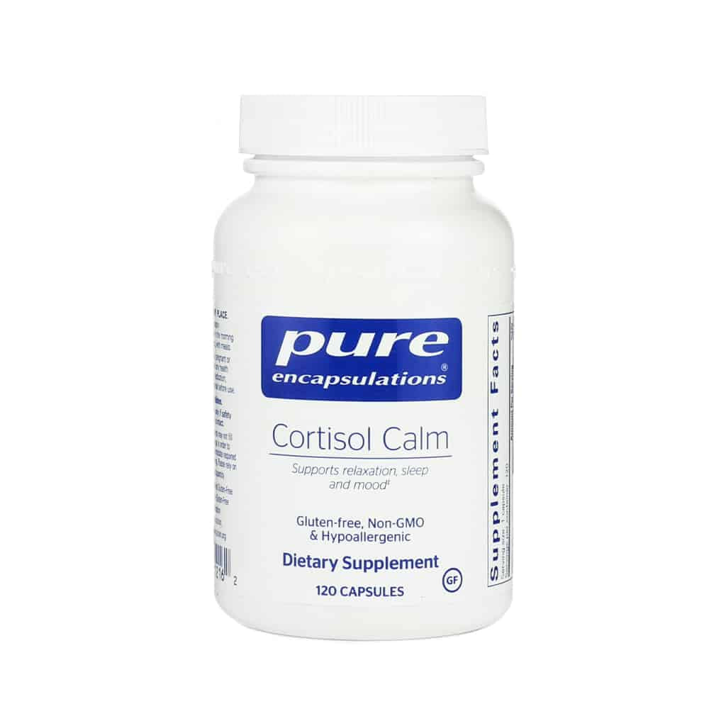 A white bottle of Pure Encapsulations Cortisol Calm dietary supplement, containing 120 capsules. The label states it supports relaxation, sleep, and mood, and highlights that it is gluten-free, non-GMO, and hypoallergenic. The packaging has a clean design with blue and gray text.