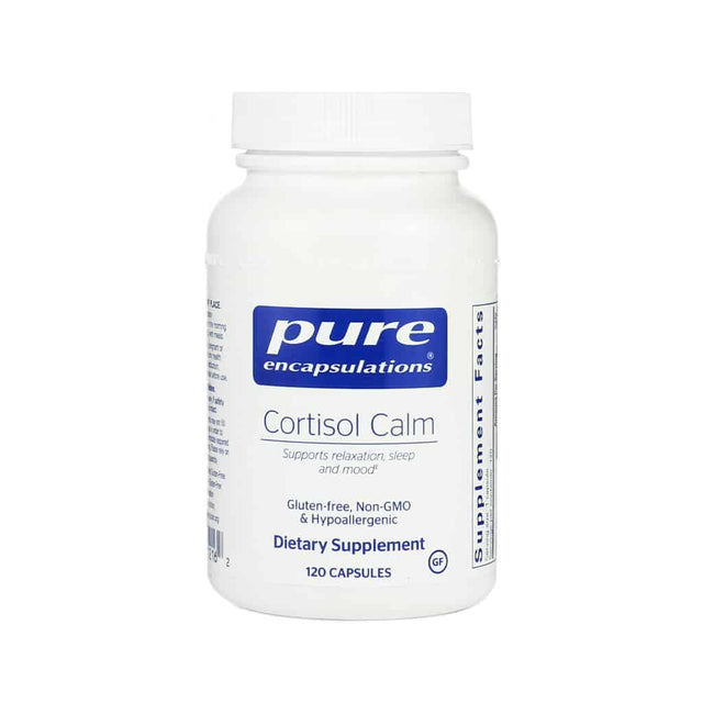 A white bottle of Pure Encapsulations Cortisol Calm dietary supplement, containing 120 capsules. The label states it supports relaxation, sleep, and mood, and highlights that it is gluten-free, non-GMO, and hypoallergenic. The packaging has a clean design with blue and gray text.