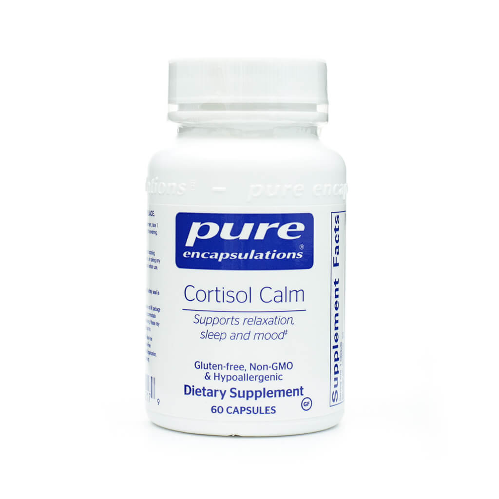 White bottle of Pure Encapsulations Cortisol Calm dietary supplement with 60 capsules. Label indicates support for relaxation, sleep, and mood; gluten-free, non-GMO, and hypoallergenic.