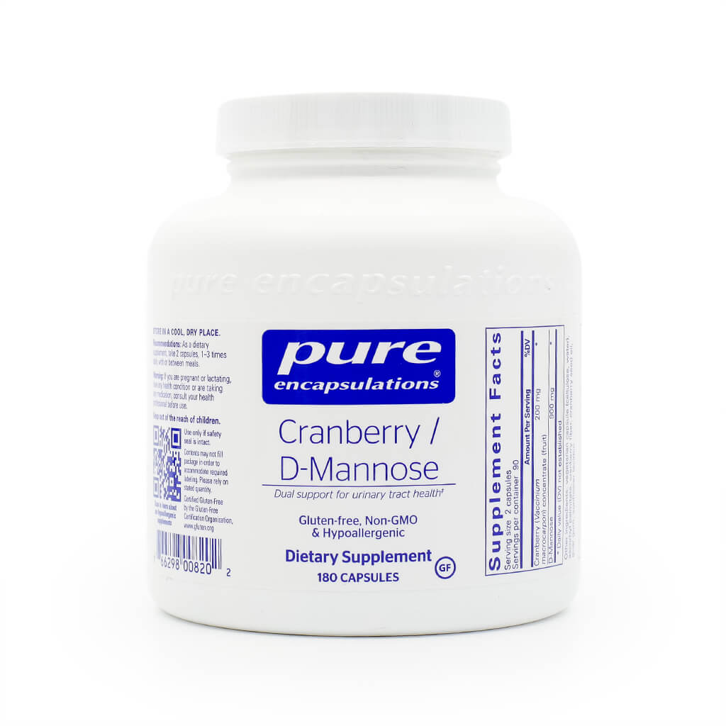 Large white bottle of Pure Encapsulations Cranberry / D-Mannose dietary supplement with a blue and white label. Contains 180 capsules designed to support urinary tract health, labeled gluten-free, non-GMO, and hypoallergenic.