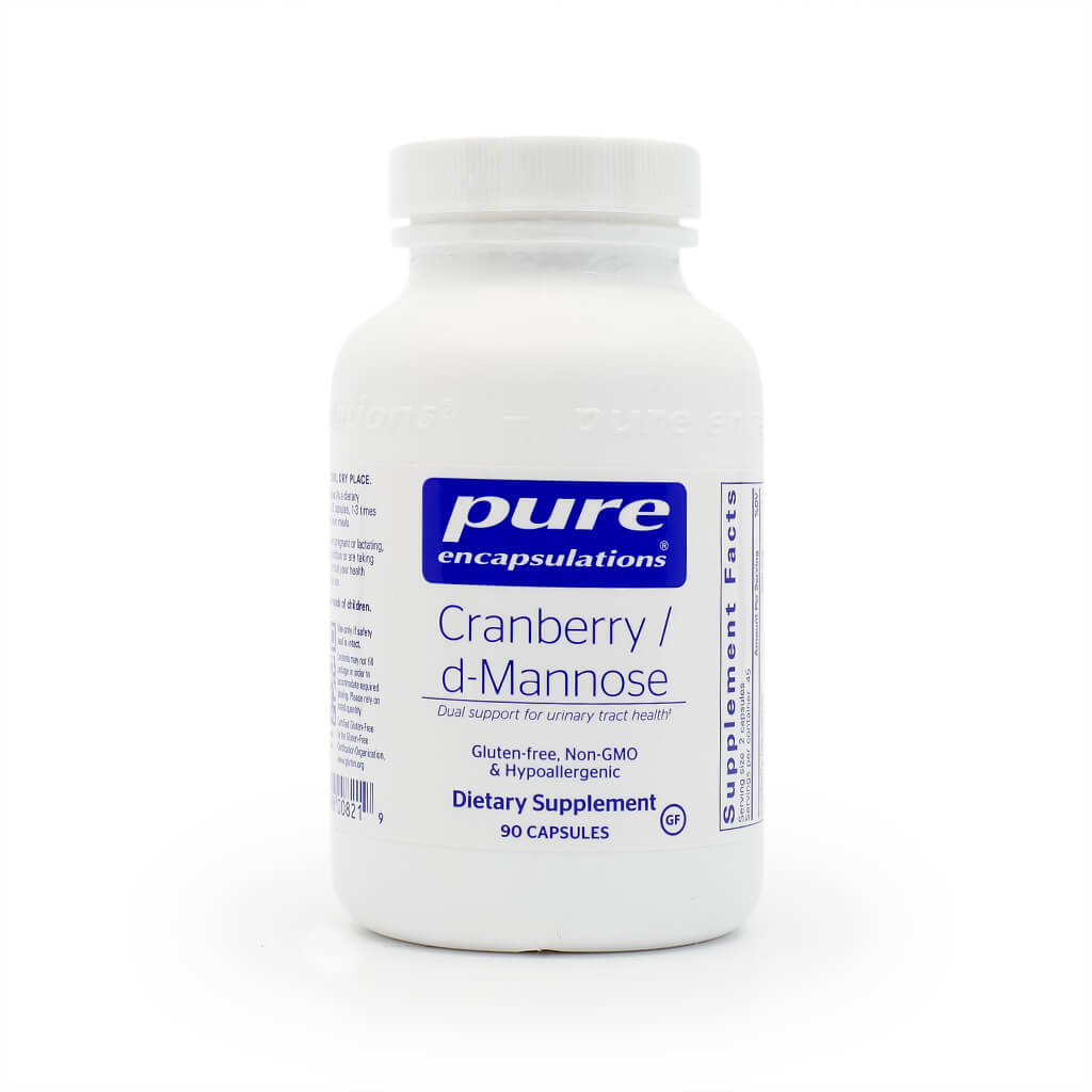 A white bottle of Pure Encapsulations "Cranberry / d-Mannose" dietary supplement containing 90 capsules. The label promotes dual support for urinary tract health and notes that the formula is gluten-free, non-GMO, and hypoallergenic.