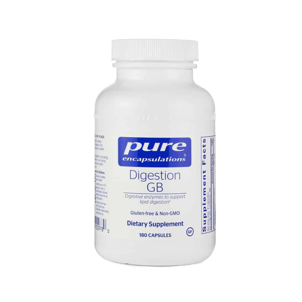 White bottle of Pure Encapsulations Digestion GB dietary supplement featuring a blue label. Contains 180 capsules formulated with digestive enzymes to support lipid digestion, labeled gluten-free, non-GMO, and hypoallergenic.