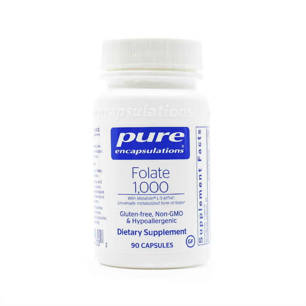 A white bottle of Pure Encapsulations "Folate 1,000" dietary supplement containing 90 capsules. The label features Metafolin® L-5-MTHF, a universally metabolized form of folate, and highlights that the product is gluten-free, non-GMO, and hypoallergenic.