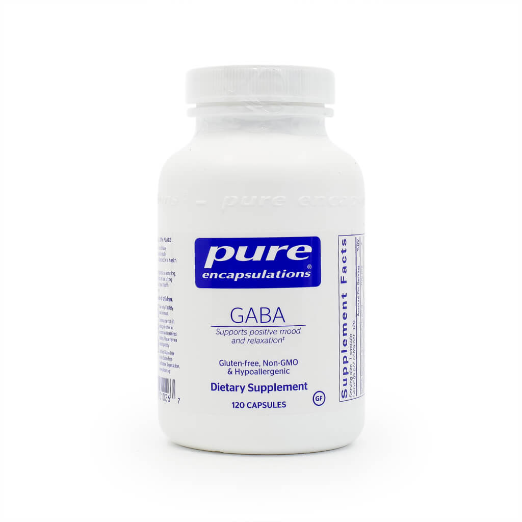 A white bottle of Pure Encapsulations "GABA" dietary supplement containing 120 capsules. The label states it supports positive mood and relaxation, and it is gluten-free, non-GMO, and hypoallergenic.