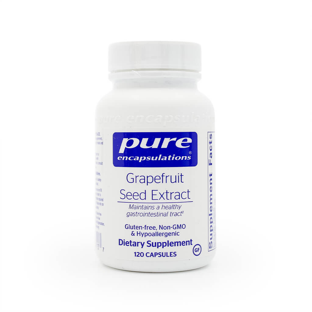 A white bottle of Pure Encapsulations "Grapefruit Seed Extract" dietary supplement containing 120 capsules. The label notes it helps maintain a healthy gastrointestinal tract and is gluten-free, non-GMO, and hypoallergenic.