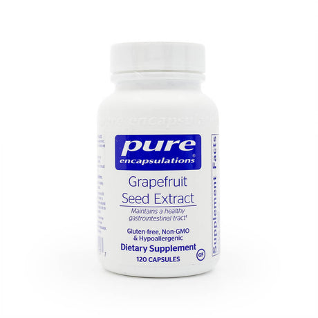 A white bottle of Pure Encapsulations "Grapefruit Seed Extract" dietary supplement containing 120 capsules. The label notes it helps maintain a healthy gastrointestinal tract and is gluten-free, non-GMO, and hypoallergenic.