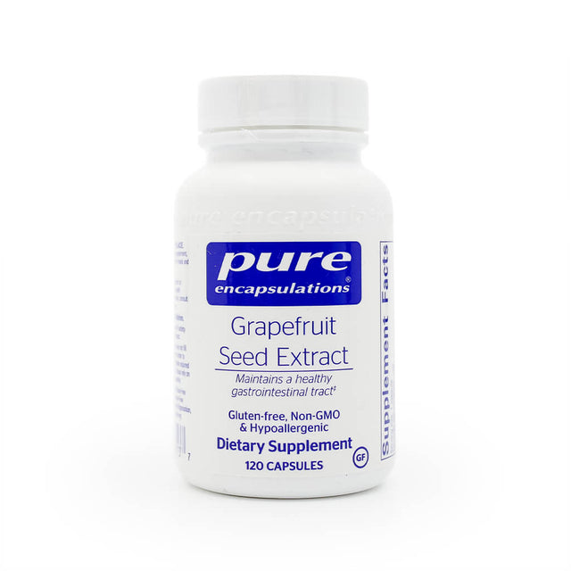 A white bottle of Pure Encapsulations "Grapefruit Seed Extract" dietary supplement containing 120 capsules. The label notes it helps maintain a healthy gastrointestinal tract and is gluten-free, non-GMO, and hypoallergenic.