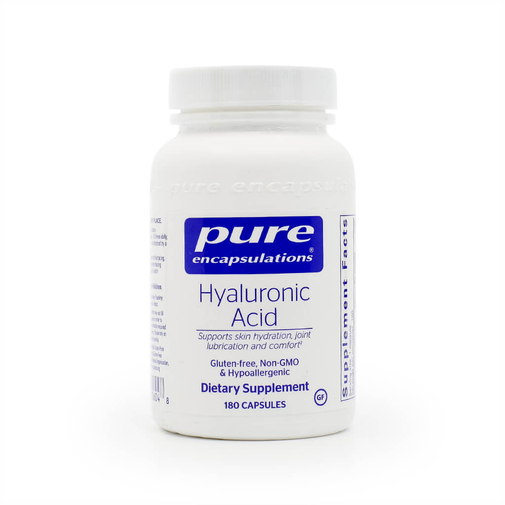 White bottle of Pure Encapsulations Hyaluronic Acid dietary supplement. The label states it supports skin hydration, joint lubrication, and comfort, and is gluten-free, non-GMO, hypoallergenic, with 180 capsules per bottle.