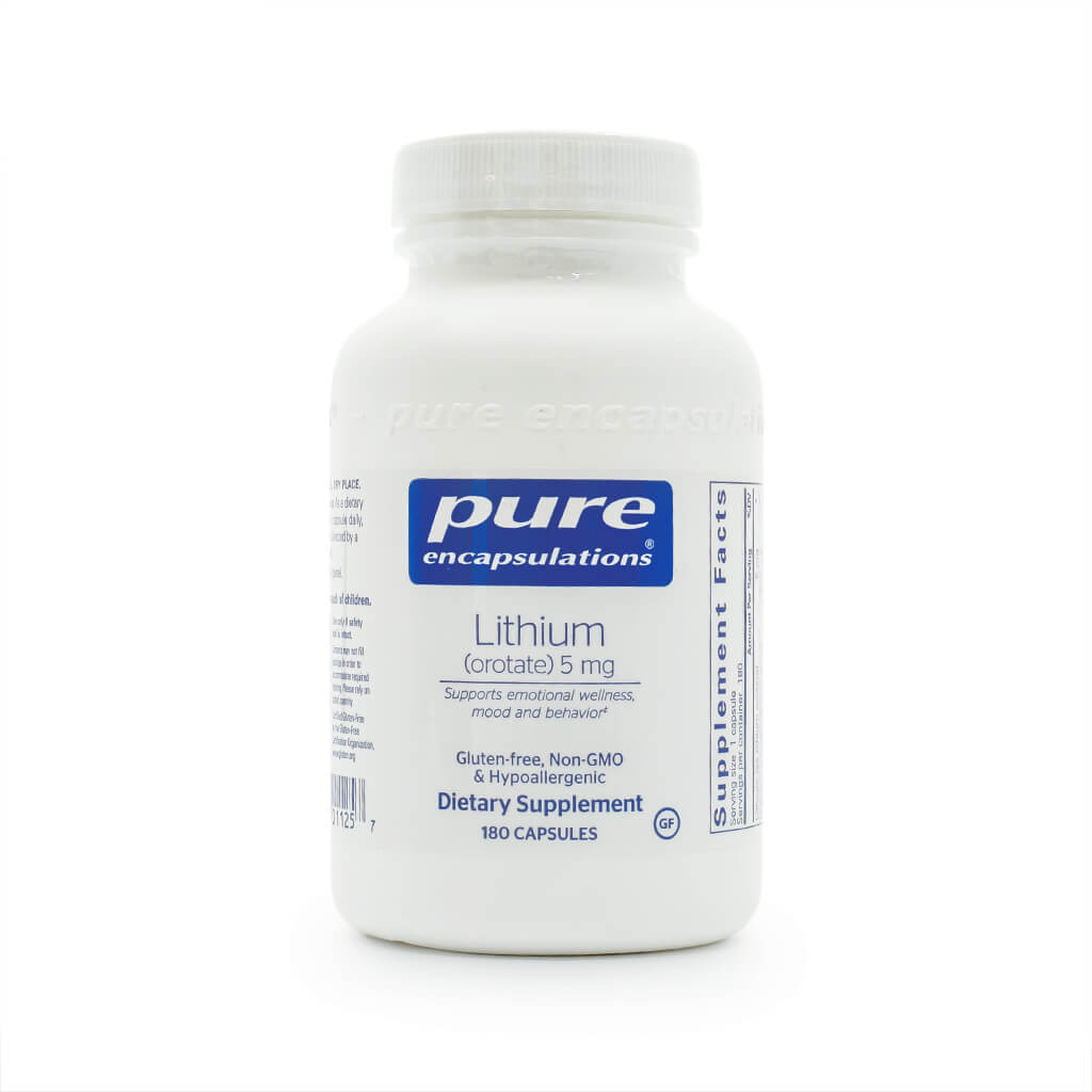 White bottle of Pure Encapsulations Lithium (orotate) 5 mg dietary supplement, featuring a blue and white label. Contains 180 capsules and is designed to support emotional wellness, mood, and behavior; labeled gluten-free, non-GMO, and hypoallergenic.