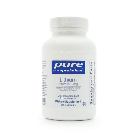 White bottle of Pure Encapsulations Lithium (orotate) 5 mg dietary supplement, featuring a blue and white label. Contains 180 capsules and is designed to support emotional wellness, mood, and behavior; labeled gluten-free, non-GMO, and hypoallergenic.